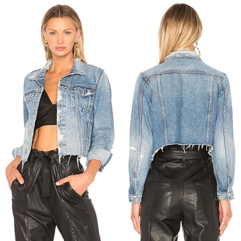 GRLFRND Cara Cropped Denim Jacket M Distressed Raw Frayed Hem Grunge